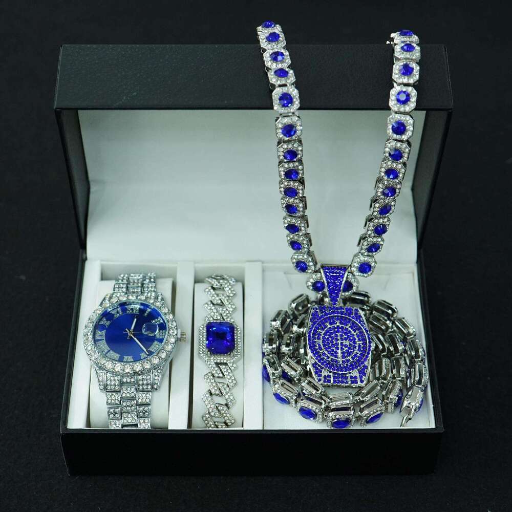 Hip Hop Fashion Creative Dia Pendant Square Sugar Blue Cuban Chain Necklace Men's Watch Set Gift Box