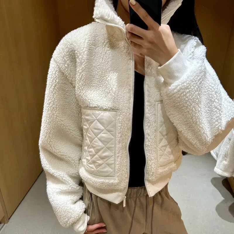Fashion Stand-up Collar Zipper Winter Jacket Lamb Plush Warm Short Coat Autumn Winter Women Outerwear Solid White Thicken CoatsXJ251127
