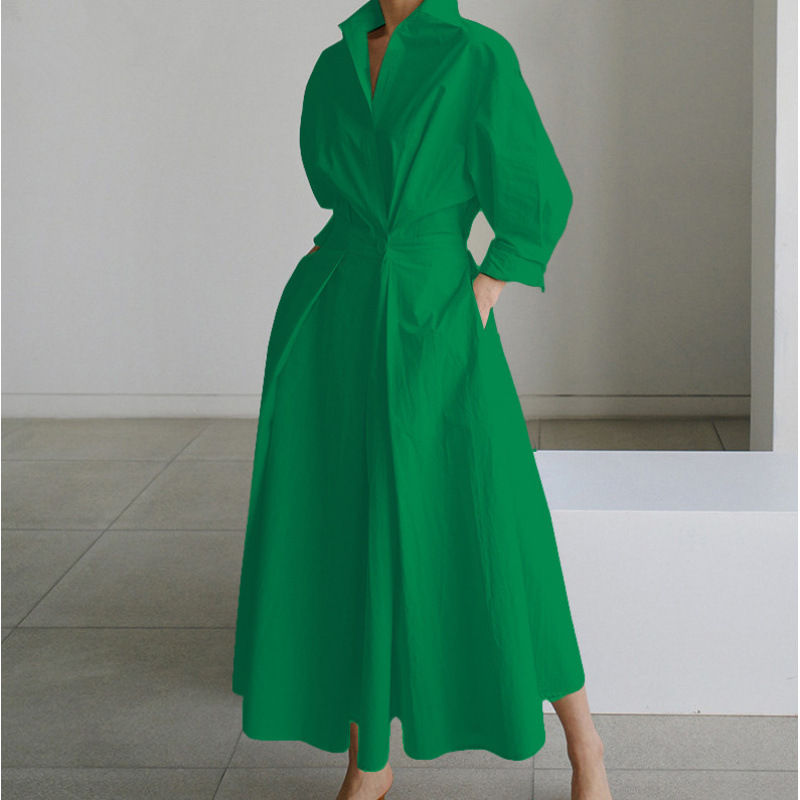 X11122Popular plus size commuter fashion POLO collar lining nine-point sleeve loose swing dress
