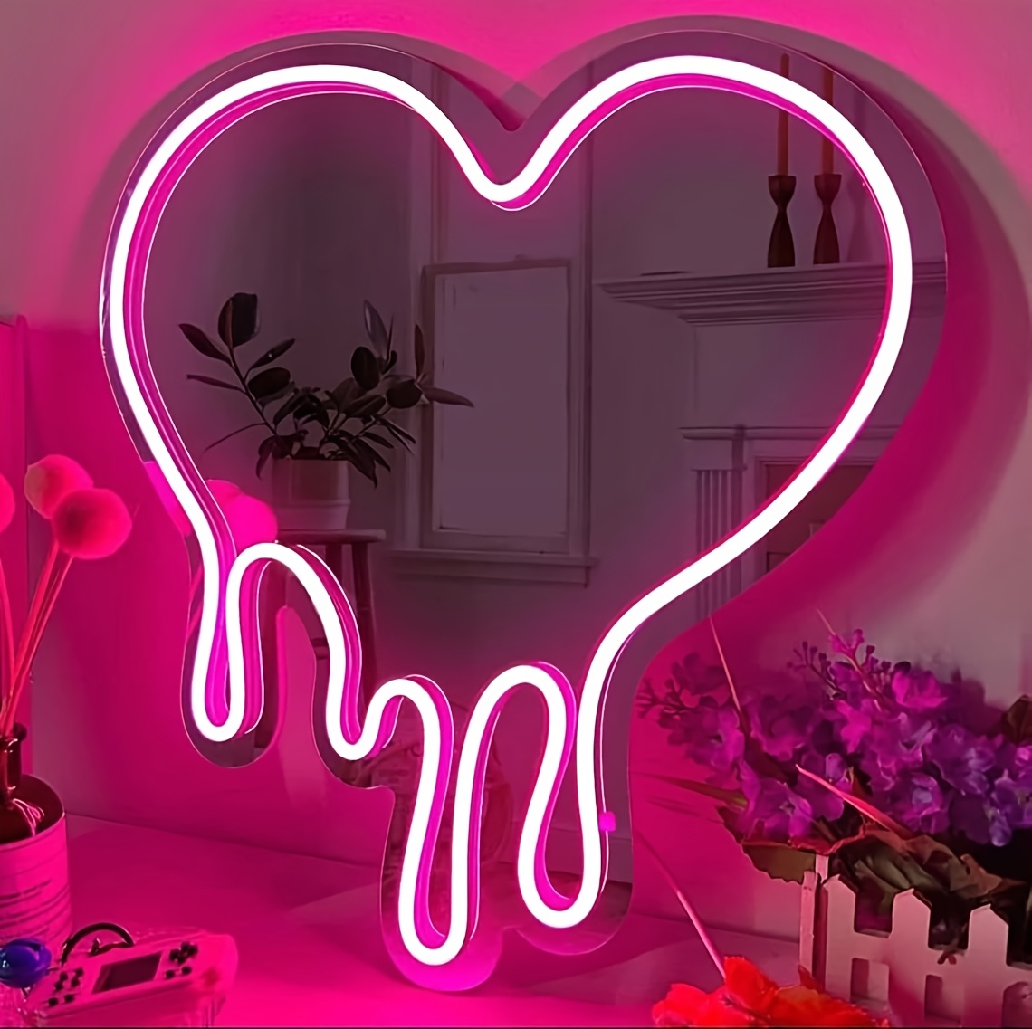 Melted Heart-shaped Neon Light Wall Mirror - Heart-melting wall decor,decorative wall mirror. Perfect for bedroom, girls' room, parties, studios,