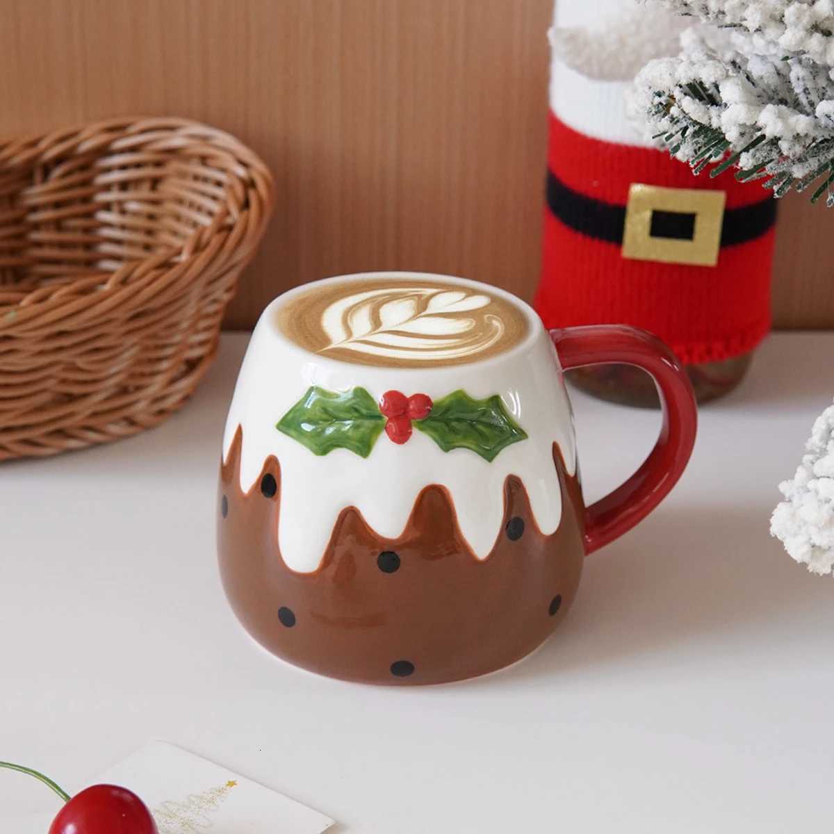 1Pc Christmas Pudding Ceramic Mug Creatively Designed Cake Coffee Cup with Sauce Exquisite and Beautiful Suitable for Christmas C251127