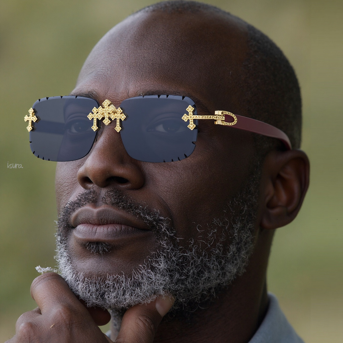 Luxury Brand Designer Jewelry 2025 New European And American Retro Frameless Sunglasses For Men With Diamond Cut Edge And Imitation Wood Grain Temples