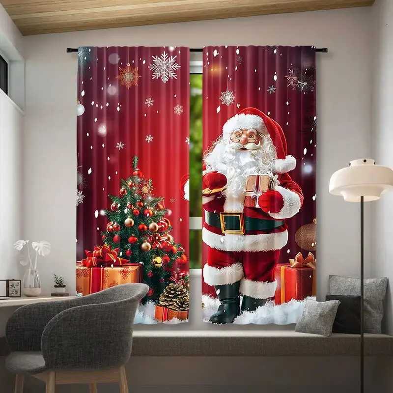 Curtain Christmas 2 pieces of Santa Claus and the Christmas tree printed curtains pole bag curtains home decoration room decoration Y251126