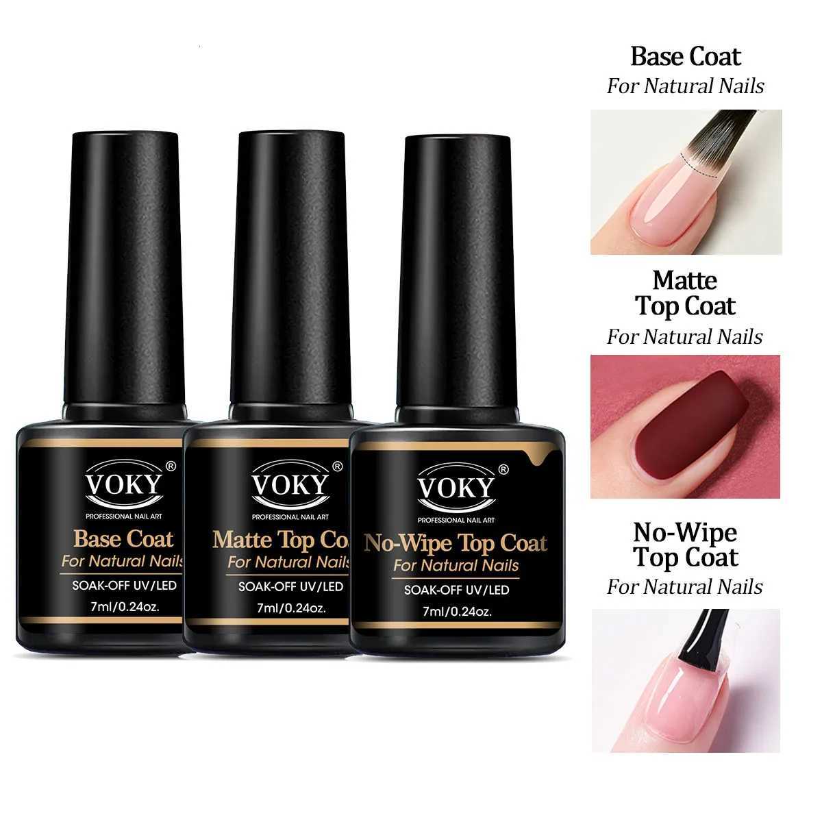 VOKY 024oz No Wipe Top Coat And Base Top Coat And Matte Top Coat Set - Shiny Finish Long Lasting Soak Off LED Nail Lamp GelT251127