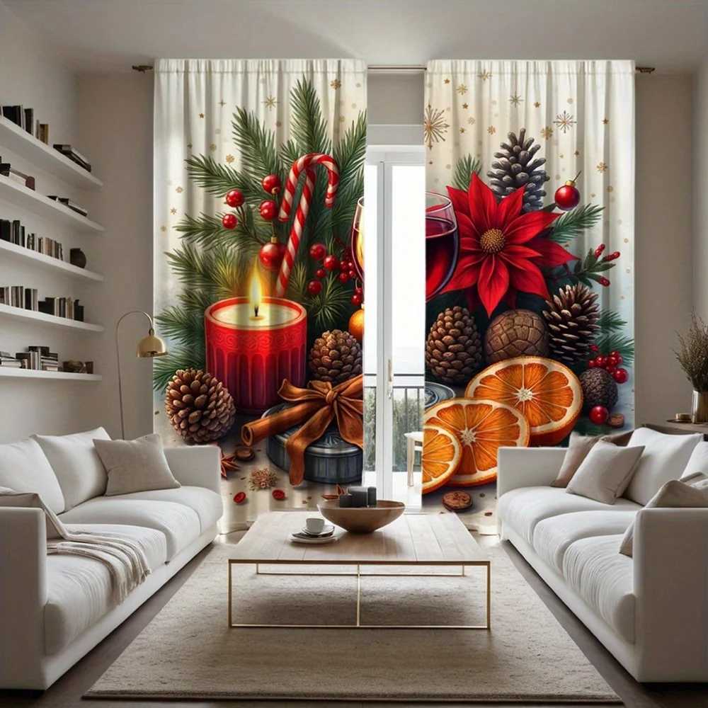 Curtain Christmas 2pcs Christmas Window Curtains - Heavyweight Matte Polyester Blackout Curtains with Red Green Golden Holiday Decor - Machine Y251126