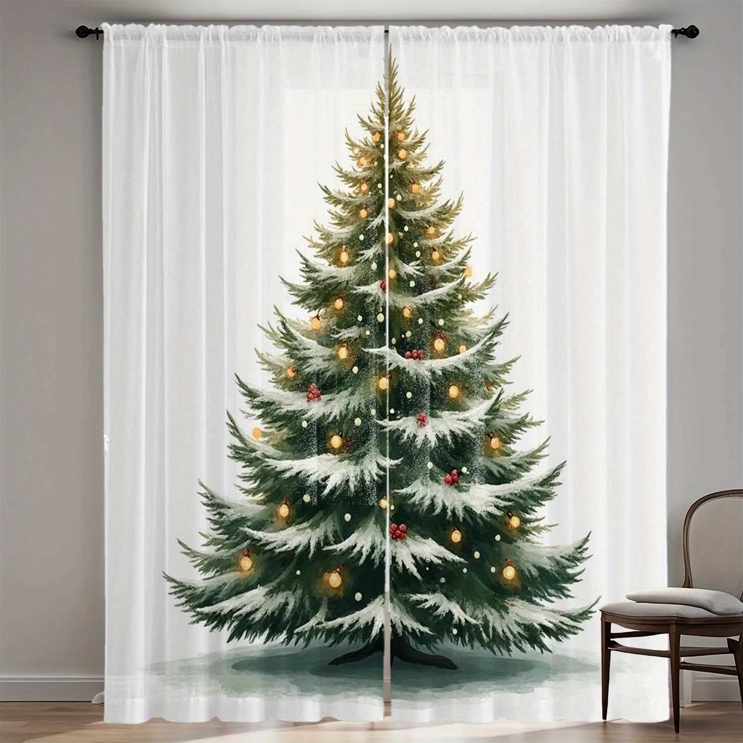 Curtain Christmas Christmas Tree Curtains 2pcs Green White Semi-Sheer Rod Pocket Polyester Machine Washable for Living Room Bedroom Y251126