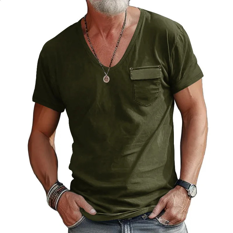 Summer Fashion Slim Fit U Neck Casual Versatile Solid Color Henry Shirt Short Sleeve Mens 250427