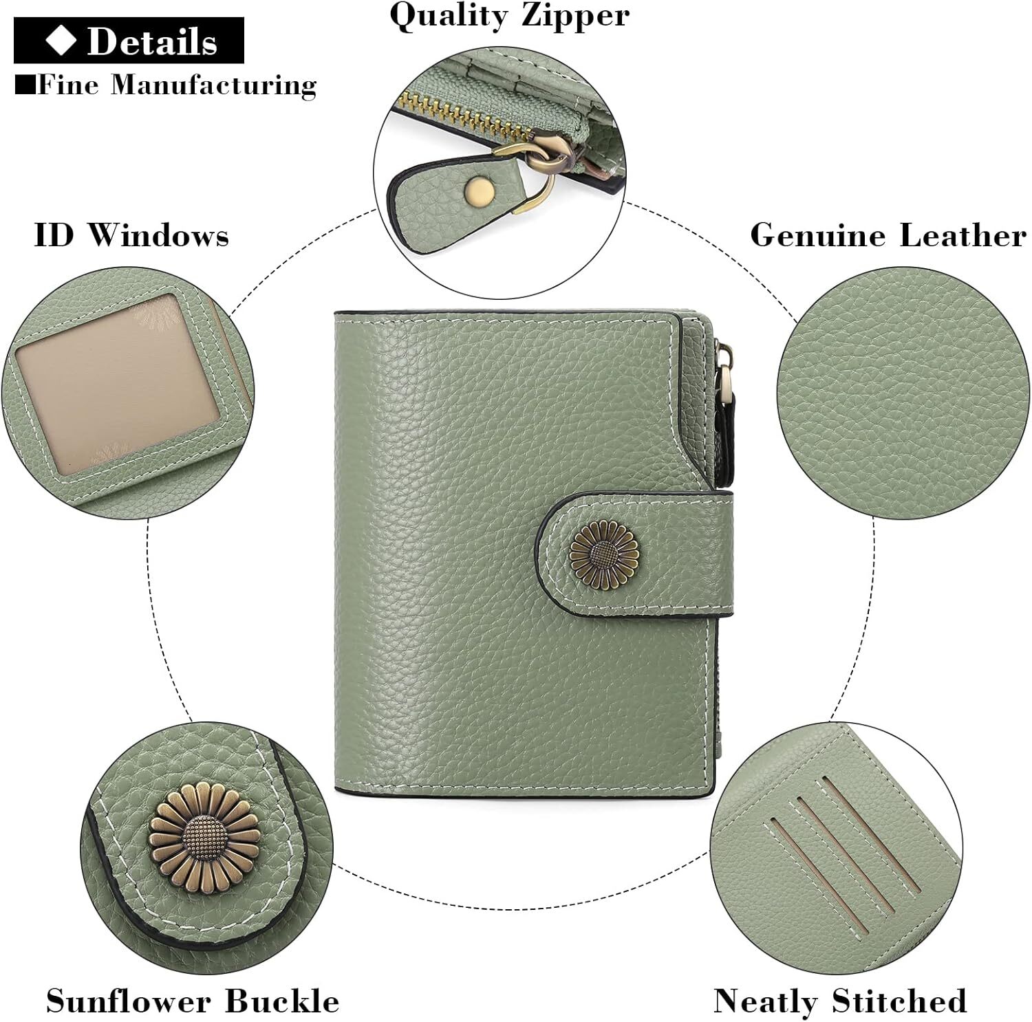 FALAN MULE Small Leather Double Fold Women's Wallet with RFID Shielding, Light Green, Compact