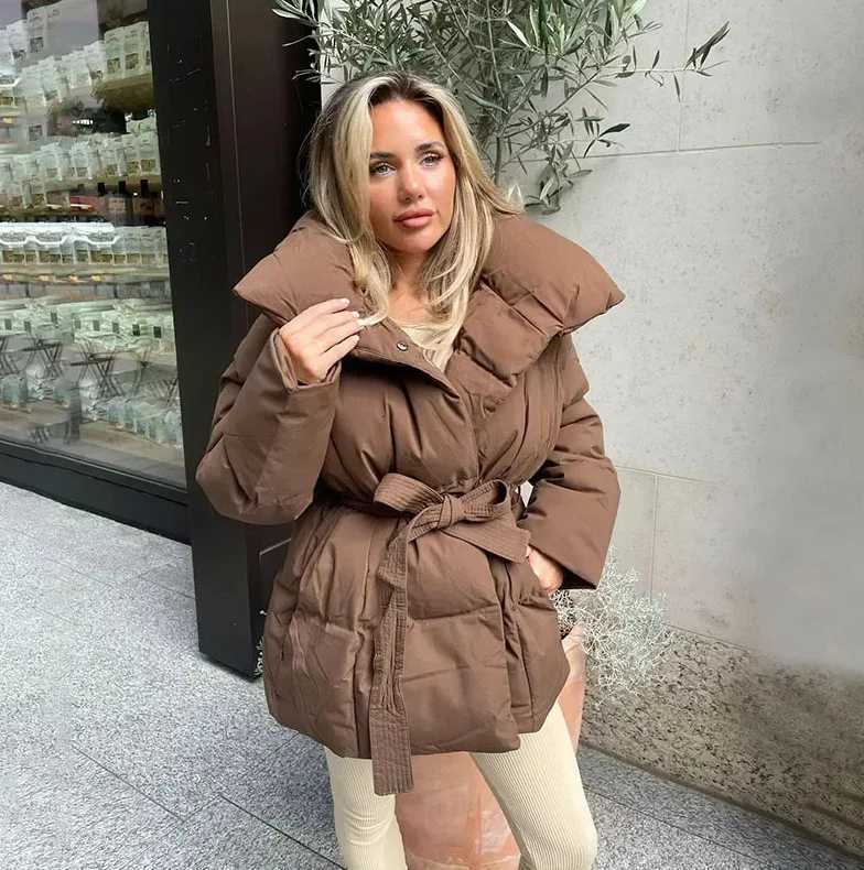 Zekye Womens Puffer Coat Large Lapel Collar Belted Waist Mid-Length Warm Winter Jacket Fashion Loose Padded OuterwearXJ251127