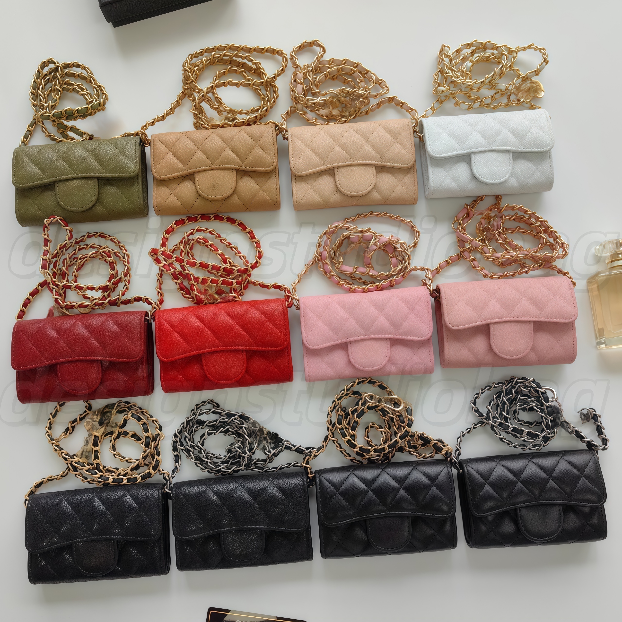 Top quality Designer wallet Classic Sheepskin Chain Bag Full Leather Lipstick Bag Coin bag Caviar Cowskin leather wallet for women short wallet 11*7cm Come with box2