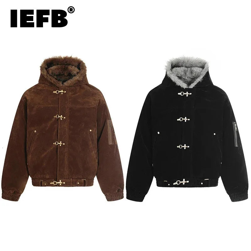 IEFB American Style Padded Jackets Single Breasted Hooded Faux Fur Patchwork Zipper Tops Metal Buckle Male Coats Winter 9X1724 251126