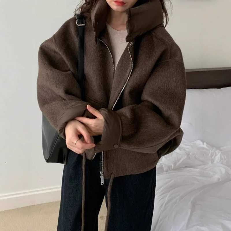 Solid Wool Coat Women Casual Hooded Y2k Loose Zipper Blends Cardigan Full Sleeved Thick Warm Outwear Jackets Autumn WinterXJ251127