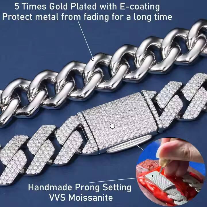 925 Sterling Silver Mens Hip Hop Tennis Chain VVS D Colour Moissanite Iced Cuban Link Necklace with Cubic Moissanite Jewelry