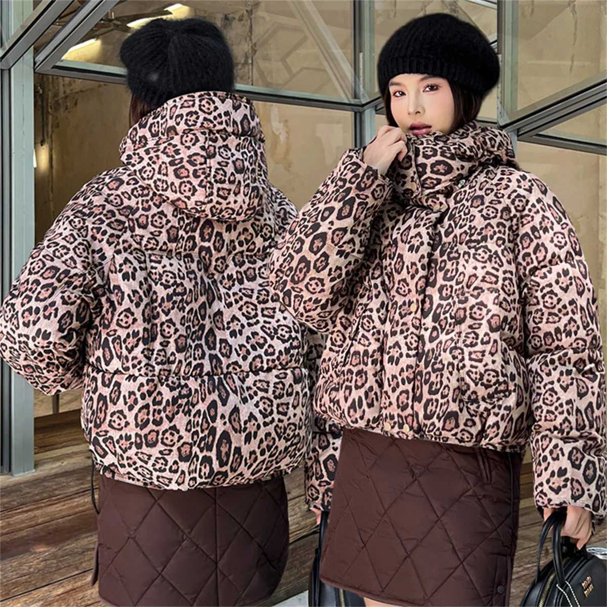 High Street Short Leopard Print Cotton Jacket Womens Hooded Fashion Casual Coat Korea Chic Streetwear Personalized Short ParkasXJ251127