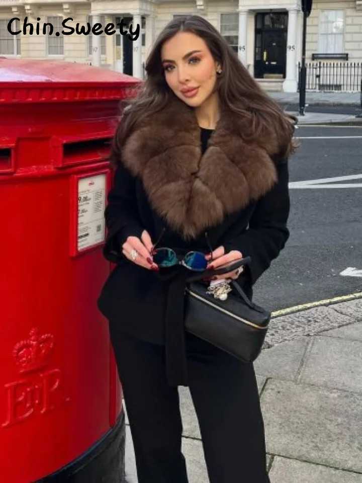 Chic Fur Collar Lace Up Woolen Coats Women Loose Solid Full Sleeve Pockets Female Jacket 2025 Autumn Lady Street Warm OutwearsXJ251127