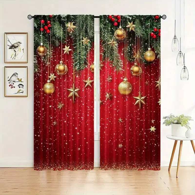Curtain Christmas 2pcs - Christmas curtains festive red Christmas polyester printed curtains home decoration room decoration Y251126