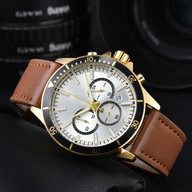 Mens BOSSity Luxury and High Quality quartz Movement watch multifunction Wristwatch Designers Men Watches leather Strap Gold Wristwatches Montre de luxe #123