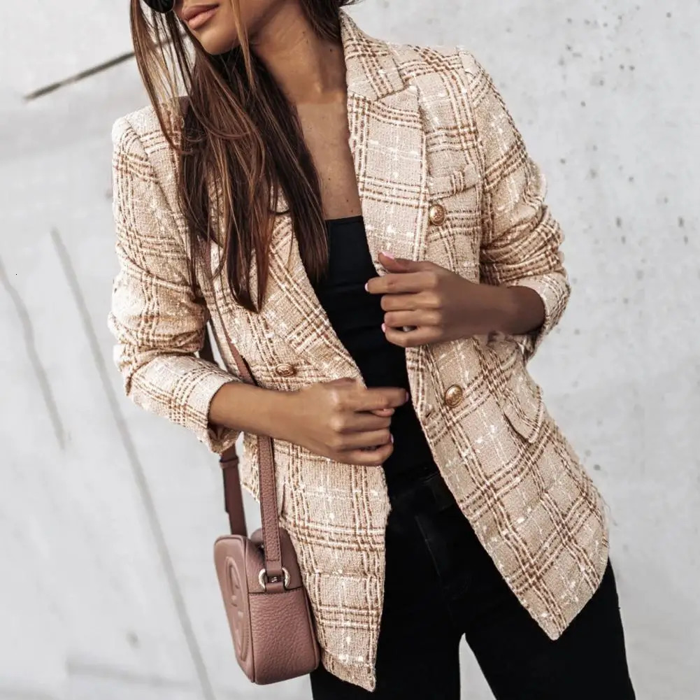 Vintage Women Tweed Coat Plaid Print Double Breasted Casual Buttons Spring Slim Fit Flap Pocket Formal Lady Blazer 251126