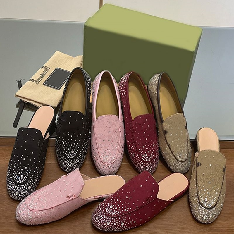 Sandals Leather Dress Shoes Luxury Multi-dimension Crystals High Heels Womens Canvas Slingback Pump Summer designer Women slingback pump with crystal flats heels