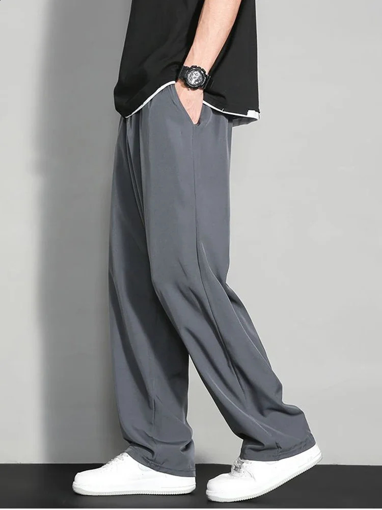 Mens ice silk wide leg pants thin mens black comfortable quick drying pants summer loose casual street loose pants 250427