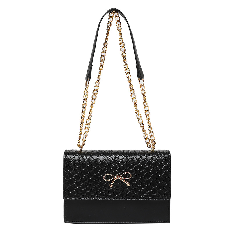 2025 Spring New Women's Bow Knot Lock Clasp Mini Square Bag Woven Texture Shoulder Bag with Detachable Chain Strap Crossbody Purse