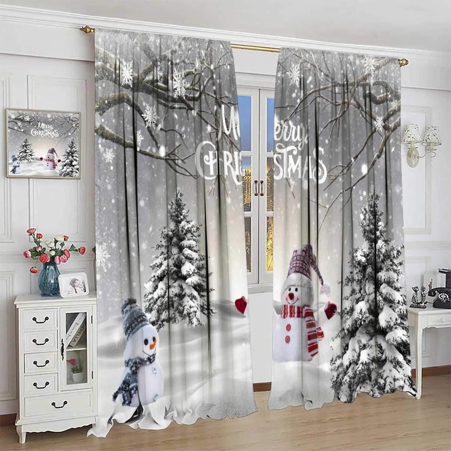 Curtain Christmas Merry Christmas Winter Snowman CurtainXmas Tree Snowman Snowflake Holiday Curtains for Bedroom Living Room Bathroom Red Snowman Y251