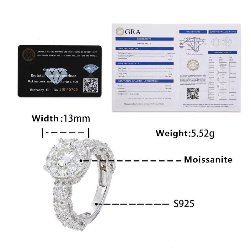 Fashion Fine Hip Hop Fine 925 Silver Shiny Moissanite Jewelry Iced Out Bling Round Ring for Men Women Wedding Engagement Gift
