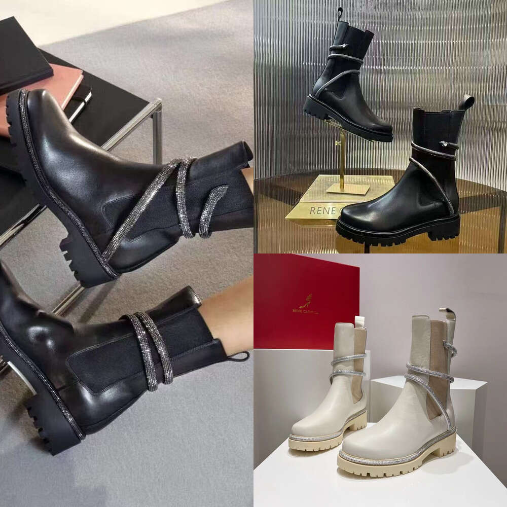 Women Round Head Genuine Leather Panel Elastic Fabric Crystal Decoration Snake Wrapped Ankle Strap Flat Heel Designer Boot Martin boots New Fashion Martin Boots