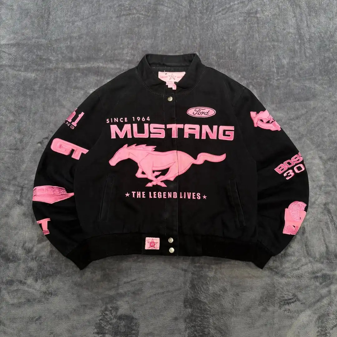 American Simple Pink Horse Pattern Car Jacket for Womens Autumn and Winter Fashion Street Harajuku Y2K Bomber Jacket 251121