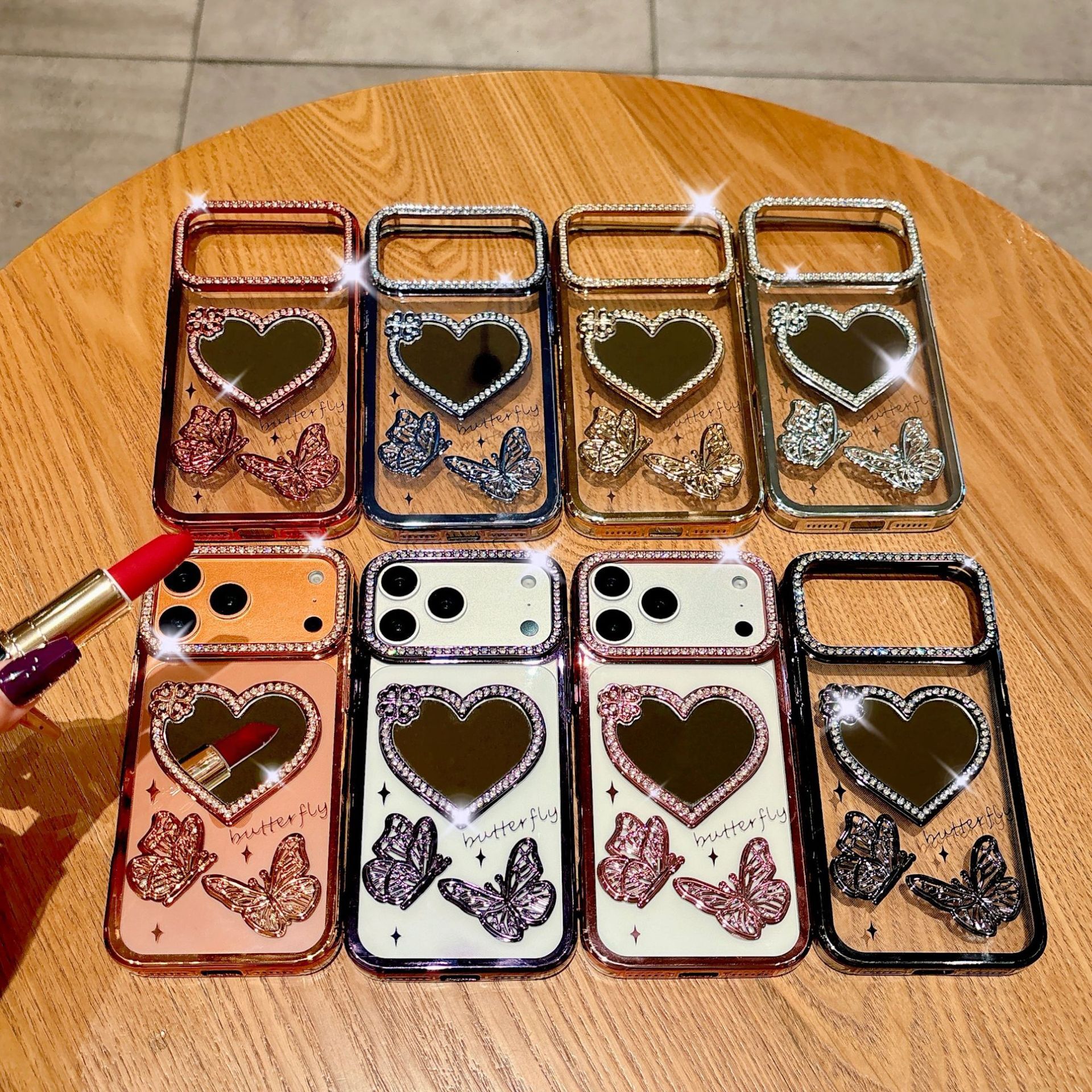 Electroplated Rhinestone Heart Mirror Butterfly Phone Case iPhone 17 Pro Max Compatible with Apple 16/15 Pro Soft Case