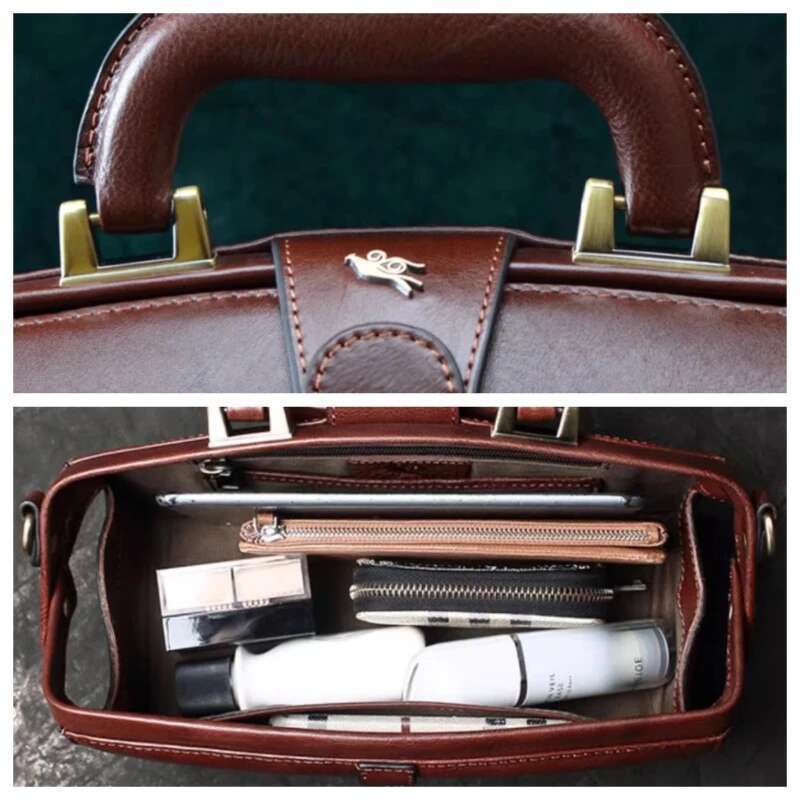 Womens Genuine Leather Handbag New High Quality Cowhide Designer Crossbody Bags Exquisite Vintage Handmade Doctor Bag