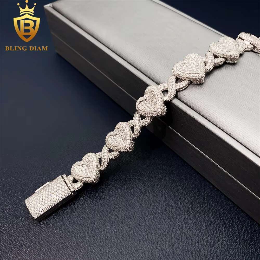 Bling Diam 9mm 925 Sterling Silver VVS Moissanite Iced Out Gold Plated Cuban Link Heart Shape Bracelet Hip Hop Jewelry