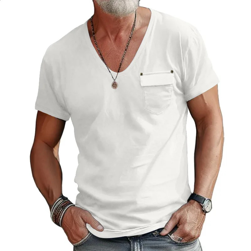 Summer Fashion Slim Fit U Neck Casual Versatile Solid Color Henry Shirt Short Sleeve Mens 250427