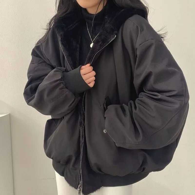 Gothic Harajuku Fashion Black Coat American Style Retro Hooded Jacket Casual Outerwear Y2k Fur Collar Parkas Woman ChicXJ251127