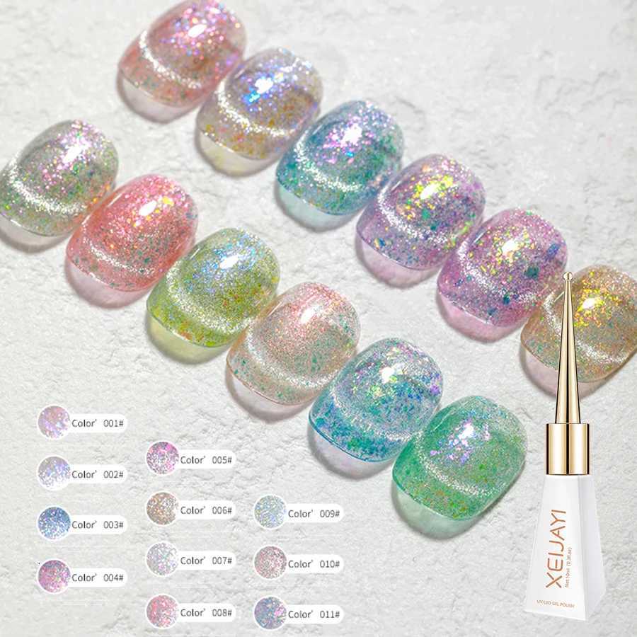 12pcs Summer Crushed Ice Glamorous Cat Eye Gel Nail Polish - Reflective Glitter Holographic Laser Sparkle Soak Off UV LEDT251127