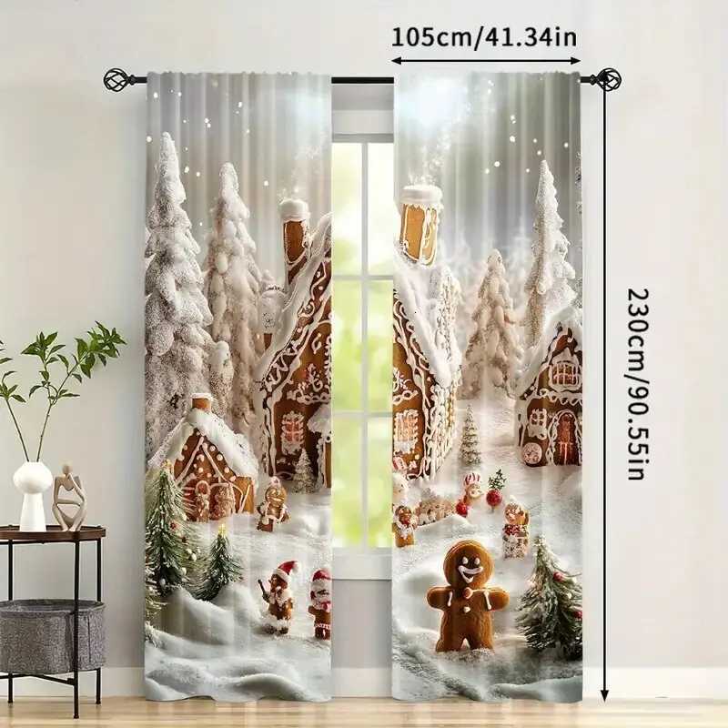Curtain Christmas 2 pieces - Christmas curtains holiday snow scene and gingerbread man printed curtains home decorations room decorations Y251126