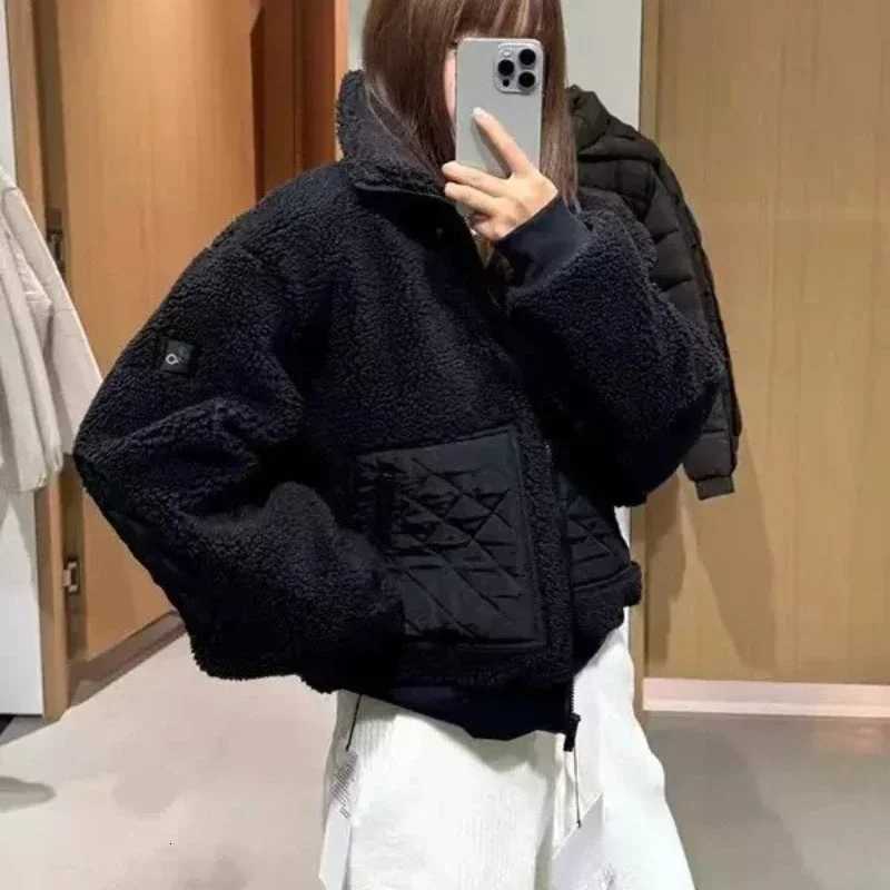 Fashion Stand-up Collar Zipper Winter Jacket Lamb Plush Warm Short Coat Autumn Winter Women Outerwear Solid White Thicken CoatsXJ251127