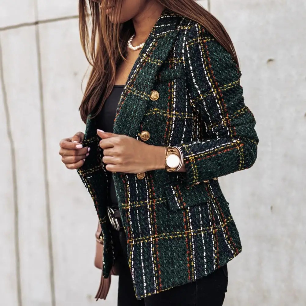 Vintage Women Tweed Coat Plaid Print Double Breasted Casual Buttons Spring Slim Fit Flap Pocket Formal Lady Blazer 251126