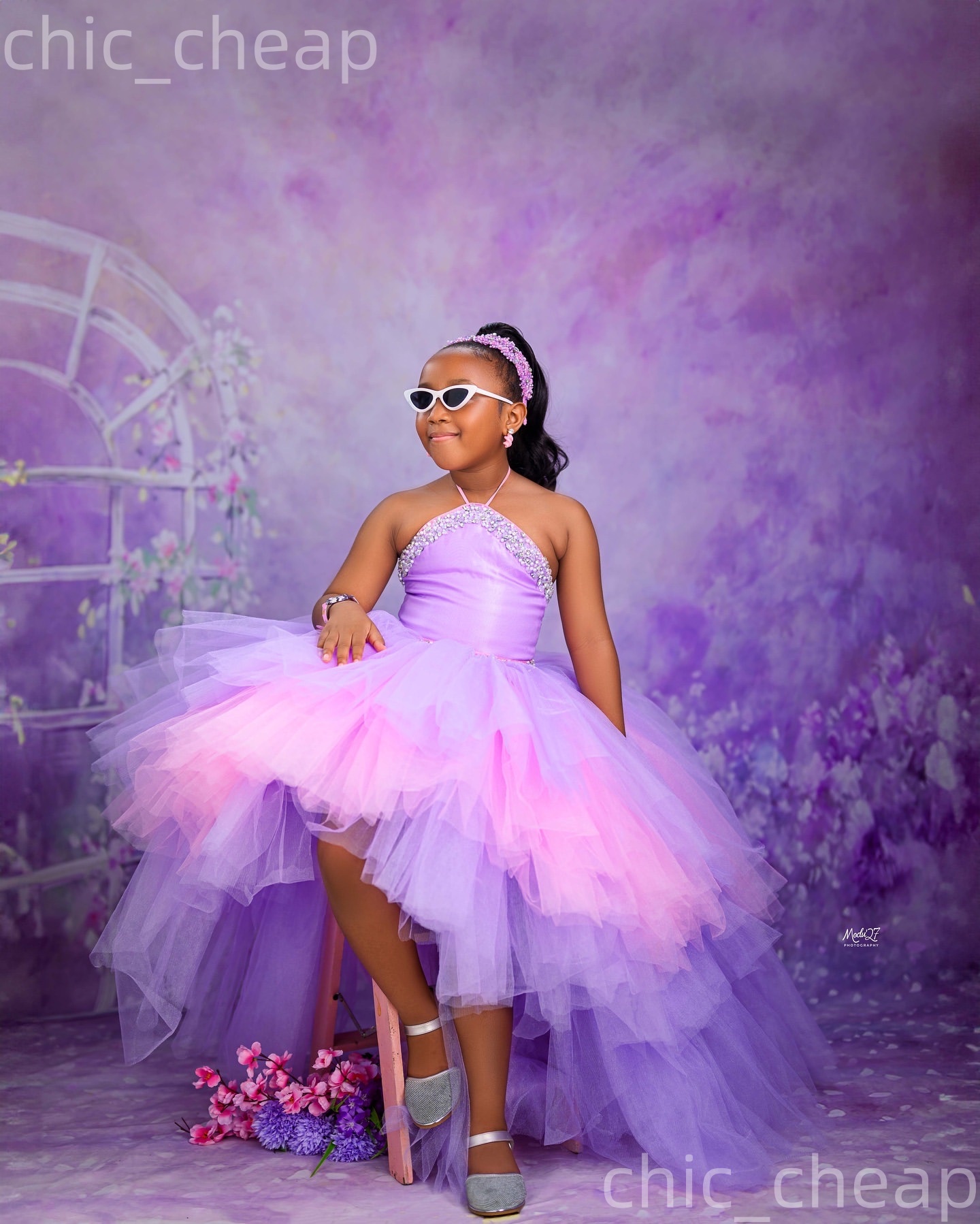 2026 Lilac Pink Ball Gown Flower Girl Dresses Halter Crystals Hi-Lo Tulle Little Girl Christmas Peageant Birthday Christening Tutu Dress Gowns ZJ422