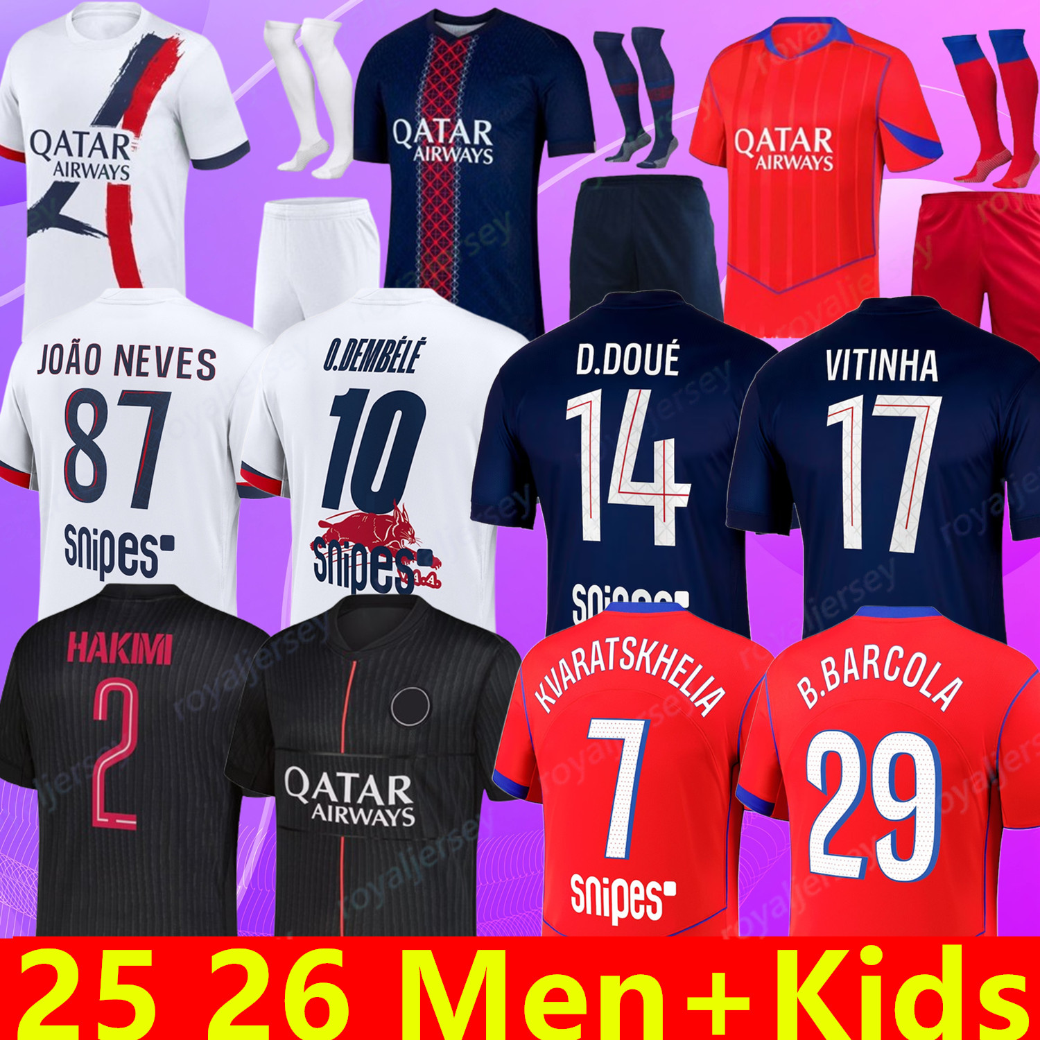 25 26 Jerseys soccer jersey MARQUINHOS Maillots KVARATSKHELIA DEMBELE VITINHA D.DOUE JOAO NEVES HAKIMI N.MENDES Final 2025 2026 Jersey enfants Maillot football