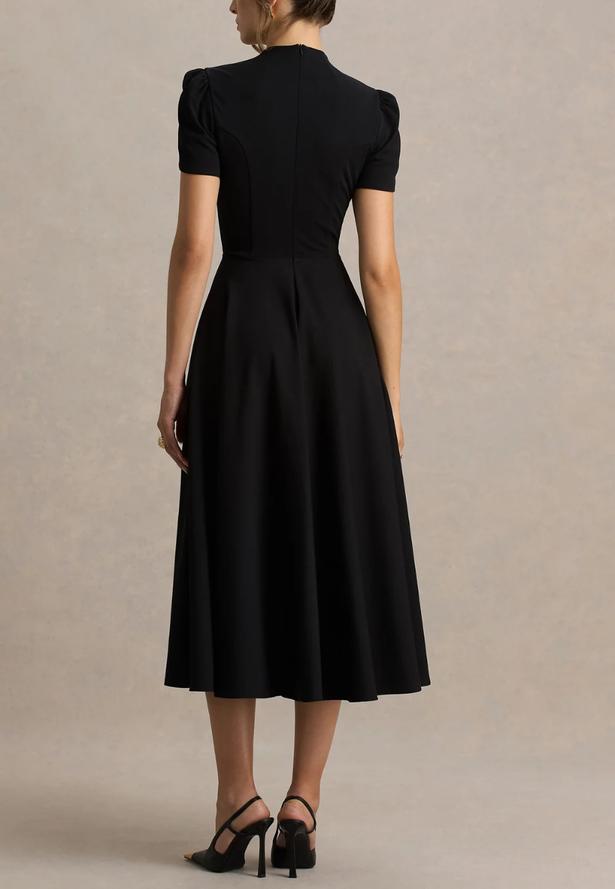 Black Midi Dress: Premium Crepe Fabric, High Neckline & Short Tulip Sleeves, Elegant Flared Skirt for Formal Casual Occasions Fashion-L10