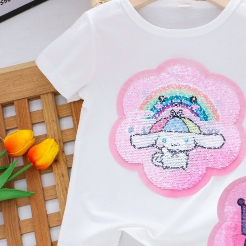 Disney Girls' Baby Designer Clothing Little Girl Summer T-Shirt Children's Pattern Reversible Color Changing Sequin Short Sleeve Soft and Co