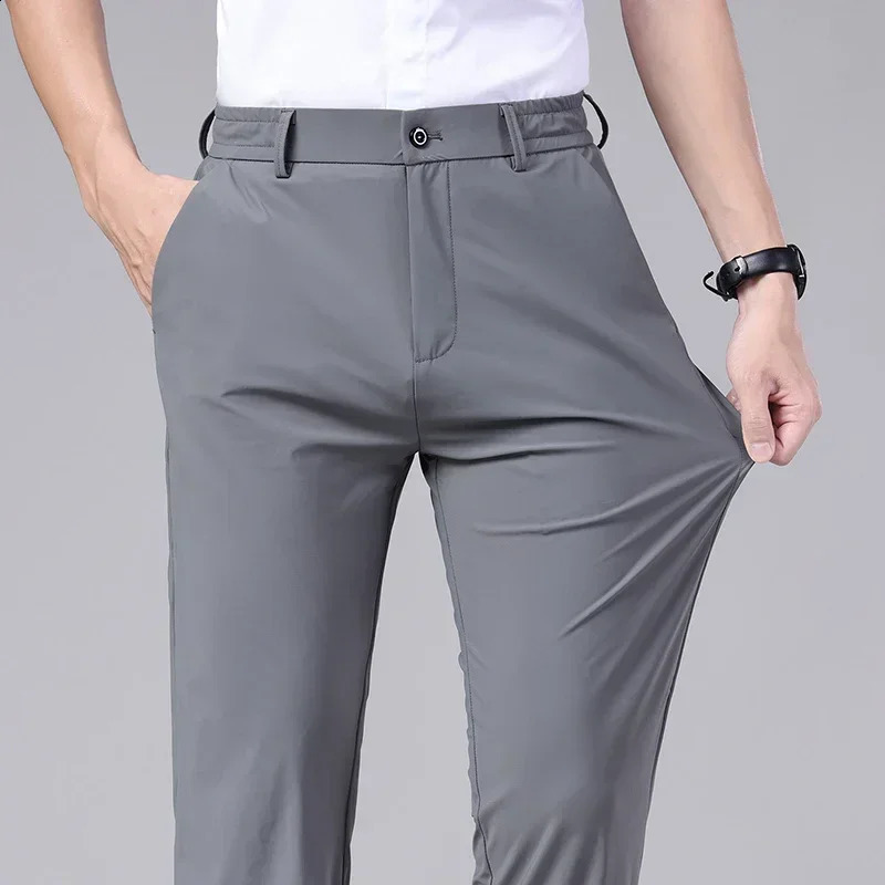 Summer Mens Ultra Thin Casual Pants with High Elasticity Quick Drying Ice Silk Soft Solid Color Business Straight Pants 250427