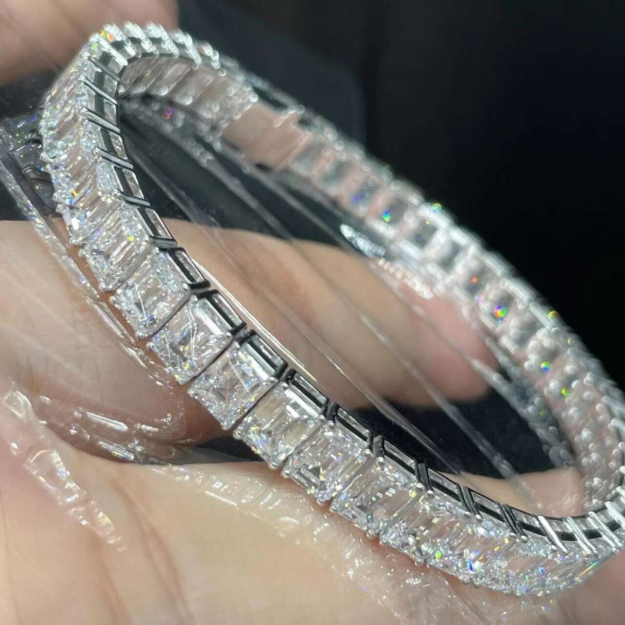 Custom Made 14K Solid White Gold VVS1 Emerald Cut Lab Grown Diamond Tennis Bracelet for Unisex