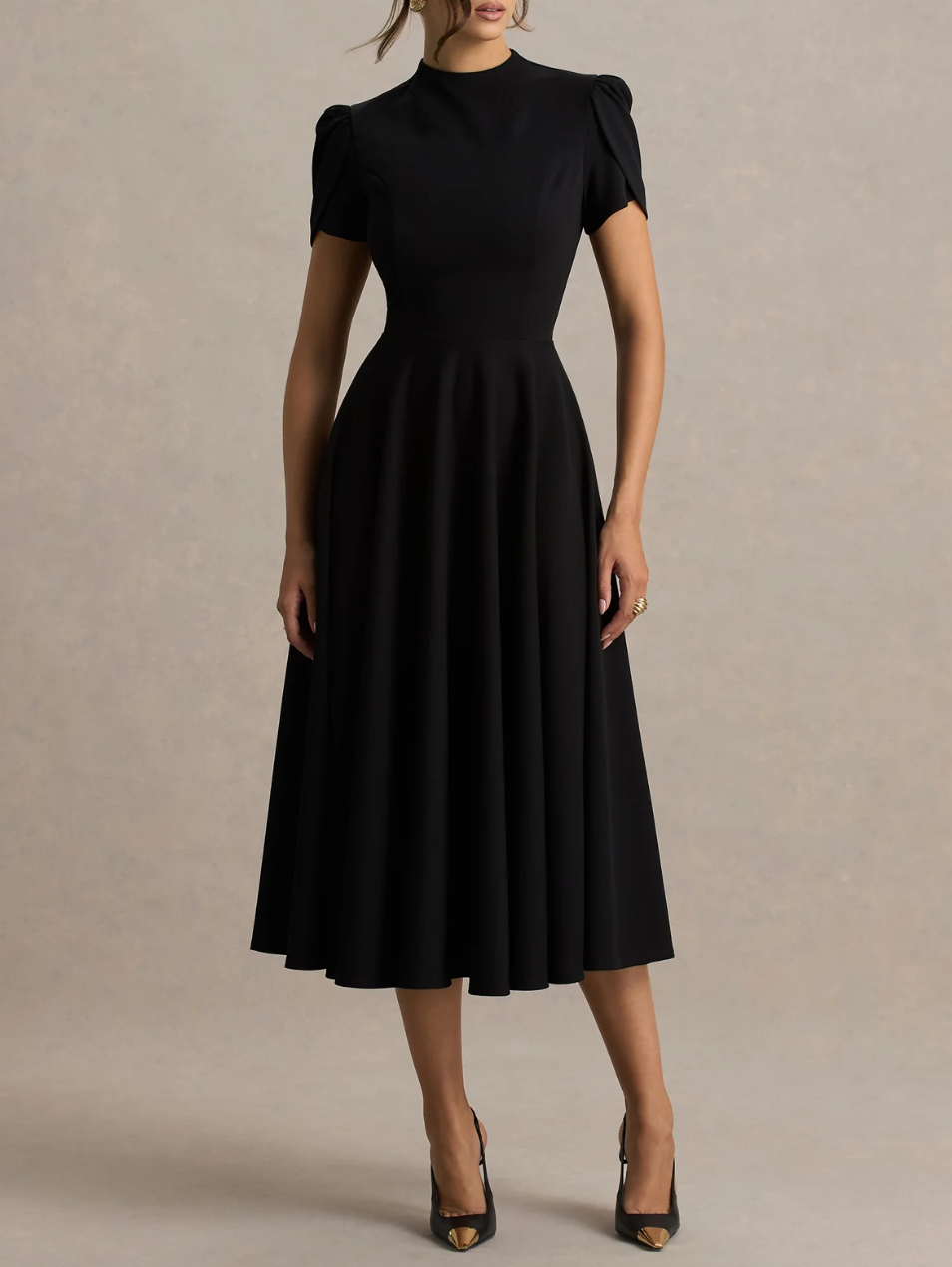 Black Midi Dress: Premium Crepe Fabric, High Neckline & Short Tulip Sleeves, Elegant Flared Skirt for Formal Casual Occasions Fashion-L10