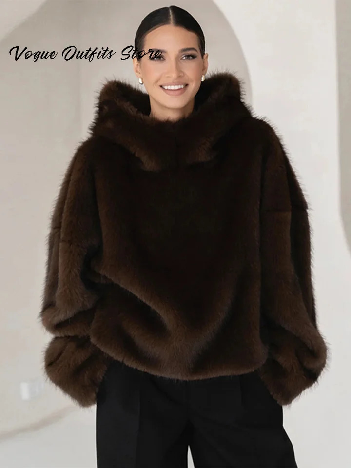Casual Furry Faux Fur Hooded Pullover Women Full Sleeve Loose Warm Solid Coat 2025 Autumn Winter Lady Chic Street Outwear 251126