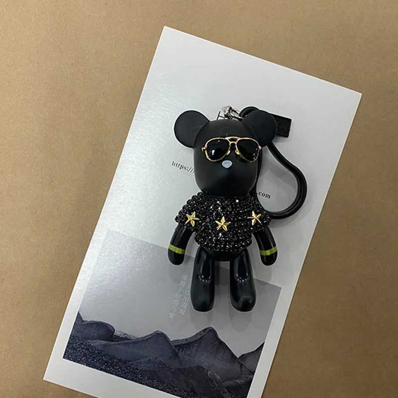 Leather Weave Rope Bomgom Popobe Gloomy Rhinestone Keychain Tassel Glasses Bear Key Chain Ring Holder Bag Charm Black PendantT251127