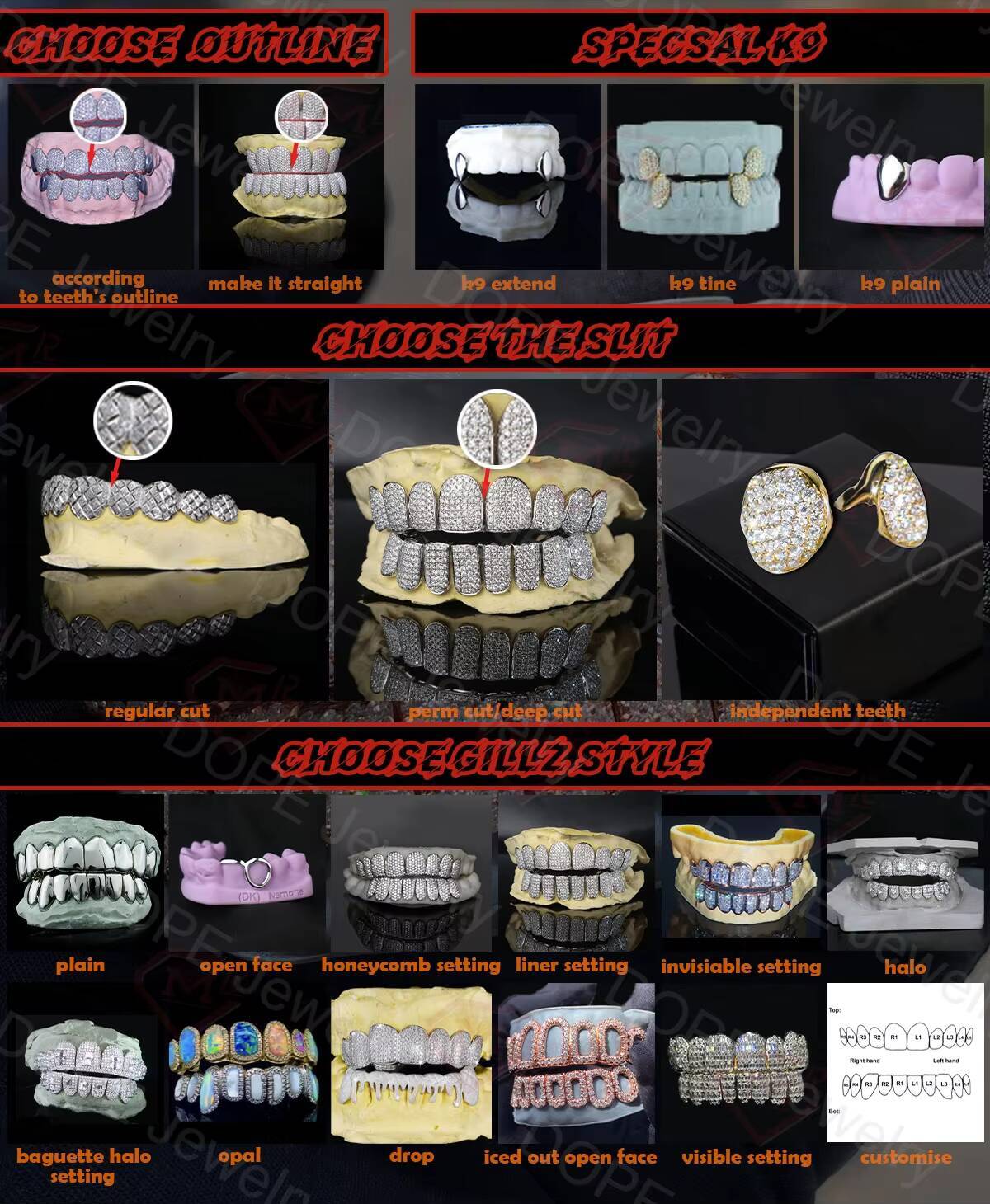 Custom Men Jewelry Grillz 8 Top 8 Bottom Perm Cut 925 Silver 18K Gold Plated Punk Grillz for Teeth