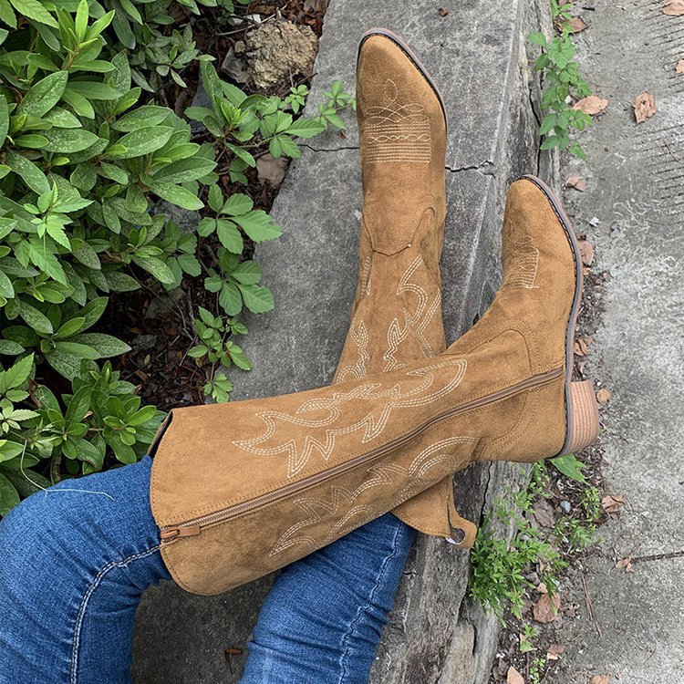 Embroidered Western Cowboy Boots for Women Spring Pointed Toe Thick Heel High Knee Boots Woman Loose PU Leather Long Botas Mujer 36-43