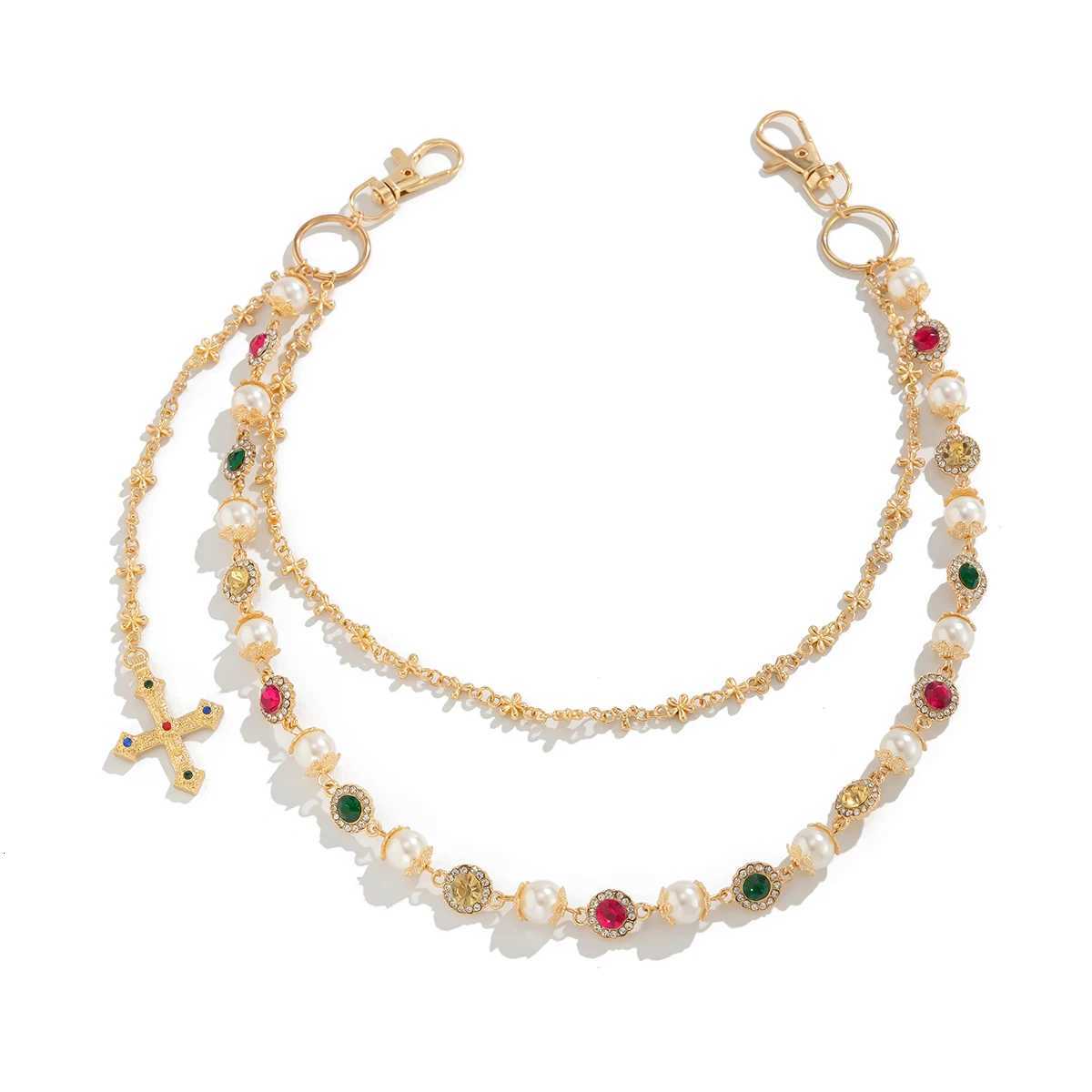 Ingemark Exquisite Luxury Imitation Pearl Acrylic Rhinestone Pants Chain Women Punk HipHop Cross Pendant Jeans Chain Men JewelryT251127